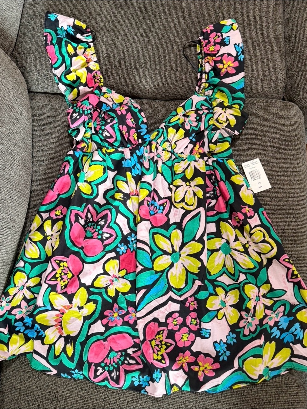 Black Floral Fit-and-Flare Dress with Pink & Lime Flowers NWT